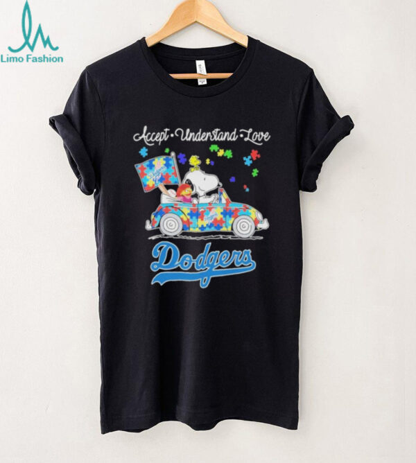 Snoopy Drive Car Los Angeles Dodgers Autism Accept Understand Love T shirts