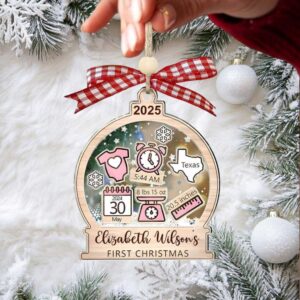 Baby Girl’s First Christmas Ornament 2025 – Custom Round Shaker Keepsake with Name, Birth Stats, Date, Time & Location – Newborn Gift Baby Girl’s First Christmas Ornament 2025 – Custom Round Shaker Keepsake with Name, Birth Stats, Date, Time & Location – Newborn Gift