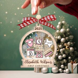 Baby Girl’s First Christmas Ornament 2025 – Custom Round Shaker Keepsake with Name, Birth Stats, Date, Time & Location – Newborn Gift
