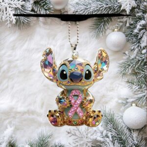 Bejeweled Stitch Awareness Ribbon Rearview Mirror Hanger Ornament