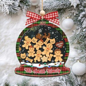 Custom Gingerbread Family Snow Globe Ornament with Names and Pets Custom Gingerbread Family Snow Globe Ornament with Names and Pets