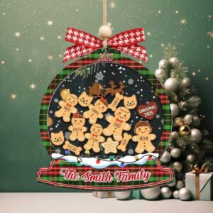 Custom Gingerbread Family Snow Globe Ornament with Names and Pets