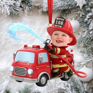 Custom Photo Kid Riding Fire Truck Ornament