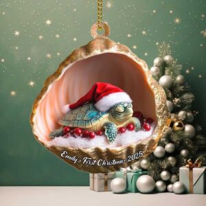 Custom Sea Turtle Christmas Ornament – Cute Acrylic Shell Design with Santa Hat – Beach Themed Holiday Tree Decor for Ocean or Animal Lovers