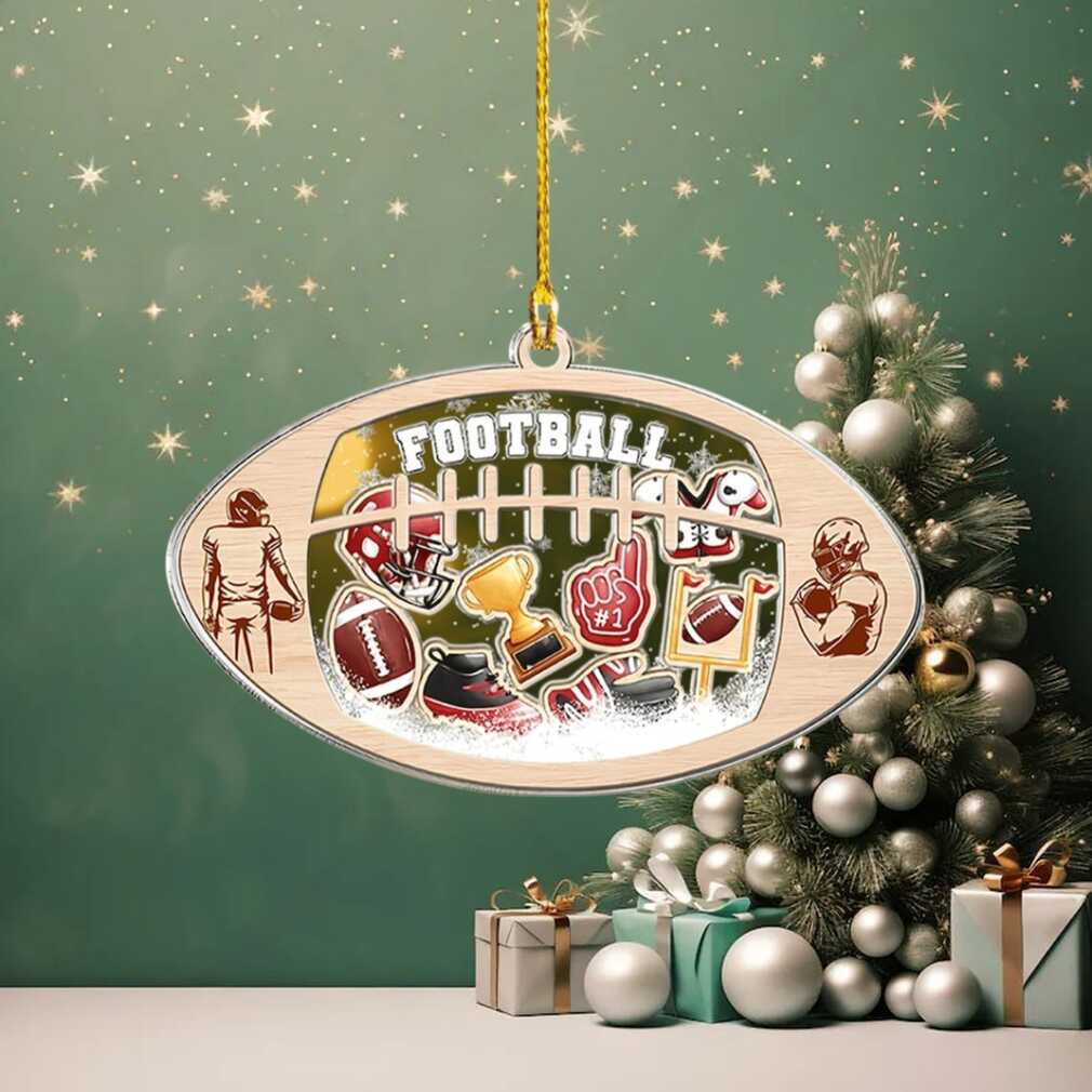Football Shaker Ornament hanging on a Christmas tree