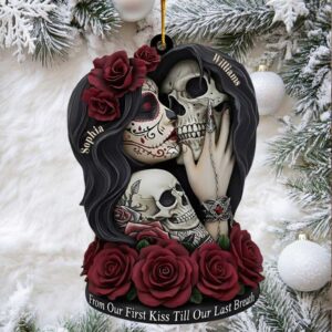 Gothic Romantic Skull Couple Ornament with Red Roses