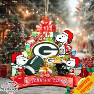 Green Bay Packers Snoopy And NFL Sport Ornament Personalized Your Family Name