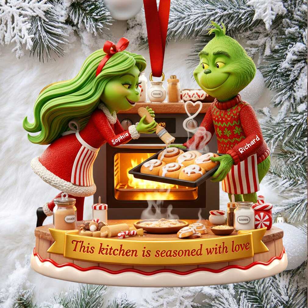 Grinch baking couple Christmas ornament personalized with names