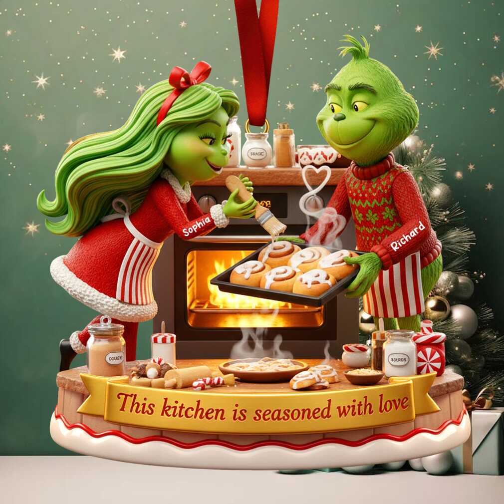 Close-up of customized Grinch baking ornament with couple's names