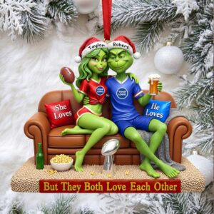 Grinch Couple Ornament with Names and Team Logos