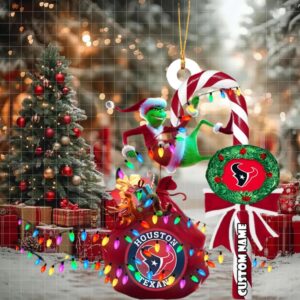 Houston Texans NFL Custom Grinch Candy Cane Name Ornament 2025 Xmas Tree Gift