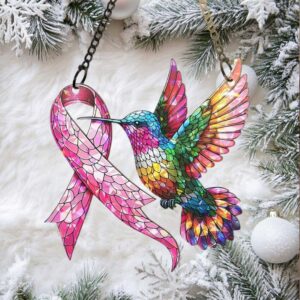 Inspirational Pink Ribbon Hummingbird Ornament