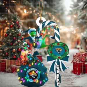Jacksonville Jaguars NFL Custom Grinch Candy Cane Name Ornament 2025 Xmas Tree Gift