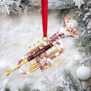“Joyful Melodies!” Personalized Trumpet Toile de Jouy Christmas Ornament Custom Gift for Musicians, Friends, and Family