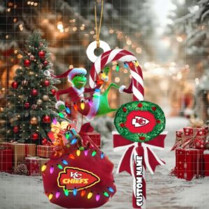 Kansas City Chiefs NFL Custom Grinch Candy Cane Name Ornament 2025 Xmas Tree Gift