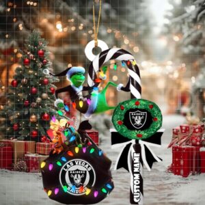 Las Vegas Raiders NFL Custom Grinch Candy Cane Name Ornament 2025 Xmas Tree Gift