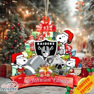 Las Vegas Raiders Snoopy And NFL Sport Ornament Personalized Your Family Name