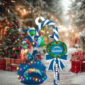 Los Angeles Chargers NFL Custom Grinch Candy Cane Name Ornament 2025 Xmas Tree Gift
