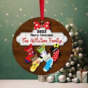 Merry Christmas, Gift For Family, Personalized 2 Layer Wood Ornament, Cartoon Socks Ornament