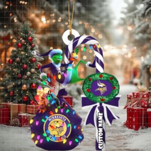 Minnesota Vikings NFL Custom Grinch Candy Cane Name Ornament 2025 Xmas Tree Gift