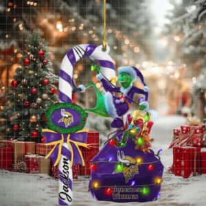 Minnesota Vikings NFL Custom Name x Grinch Candy Cane Tree Decorations Two Sides Ornament