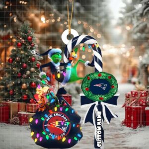 New England Patriots NFL Custom Grinch Candy Cane Name Ornament 2025 Xmas Tree Gift