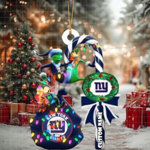 New York Giants NFL Custom Grinch Candy Cane Name Ornament 2025 Xmas Tree Gift