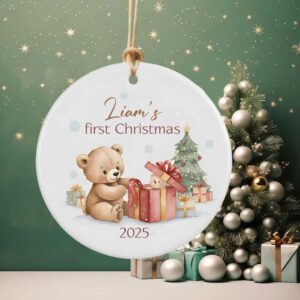 Personalized Baby’s First Christmas Ornament 2025, Custom Name Teddy Bear Ornament, Newborn Keepsake, Baby Christmas Gift