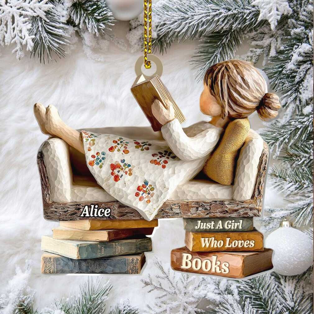 Personalized Book Lover Ornament with a girl reading, acrylic Christmas decor