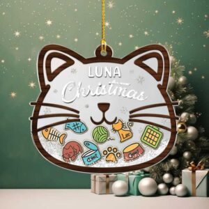 Personalized Cat Christmas Ornament – Shaker Acrylic Kitty Face with Name – Custom Holiday Gift for Cat Owners or Pet Lovers 2025