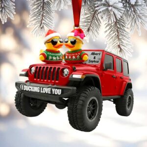 Personalized Duck Couple on Red Jeep Christmas Ornament