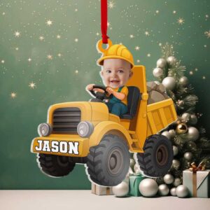 Personalized Dump Truck Ornament, Custom Baby Photo Christmas Gift, Baby's First Christmas Construction Keepsake, Toddler Boy Name Ornament