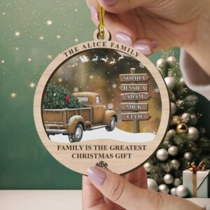 Personalized Family Red Truck Ornament 2025, Rustic Signpost with Names, Farmhouse Christmas Decor, Family Keepsake Gift