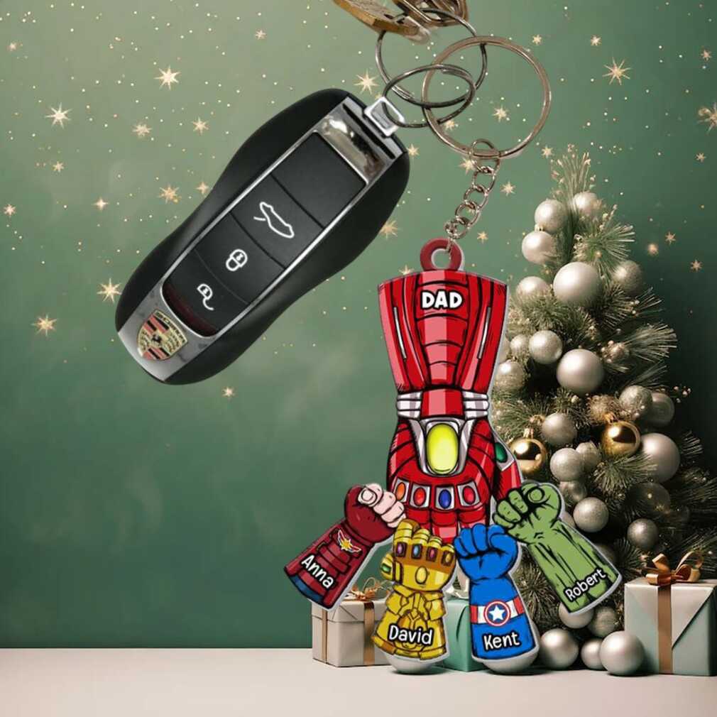 Personalized 4 Names Custom 1 Photo Keychain Fist Bump Keychain Father