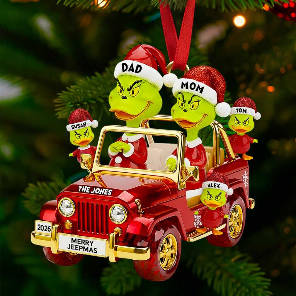 Personalized Grinch Family in Jeep Christmas Ornament Personalized Grinch Family in Jeep Christmas Ornament