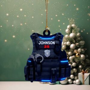 Personalized LED Police Vest Ornament – Custom Name & Badge Number – Glowing Christmas Gift for Officers, SWAT, Law Enforcement Heroes