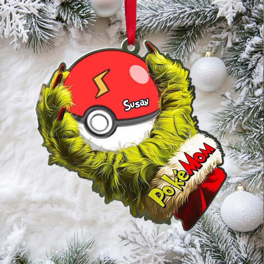 Close-up of Personalized Poké Mom Grinch Hand Ornament showing customization area