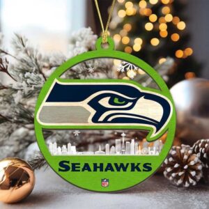 Personalized Seattle Seahawks Layered Wood Christmas Ornament with Seattle Skyline
