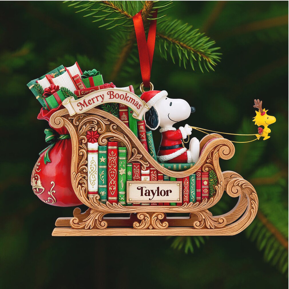 Personalized Snoopy Book Sleigh Christmas Ornament Personalized Snoopy Book Sleigh Christmas Ornament