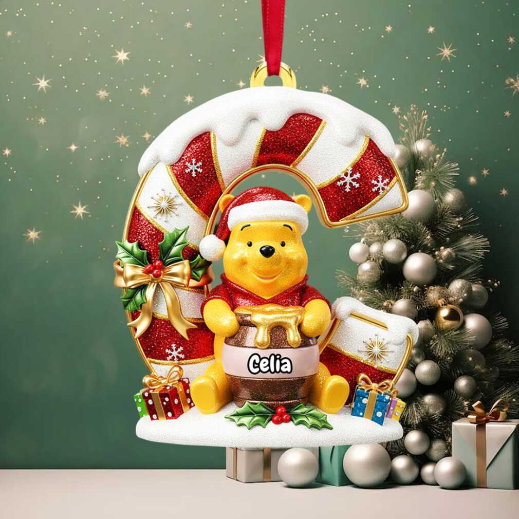 Personalized Winnie the Pooh in Candy Cane Christmas Ornament - Back View