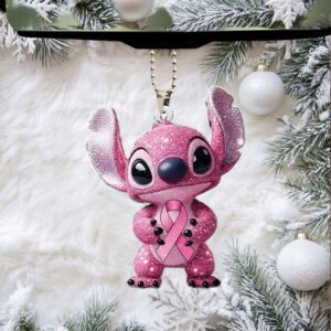 Pink Glitter Stitch Car Ornament with Breast Cancer Awareness Ribbon