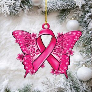 Pink Ribbon Butterfly Breast Cancer Awareness Christmas Ornament