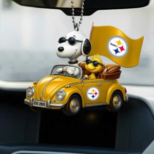 Pittsburgh Steelers Snoopy and Woodstock in VW Beetle Car Ornament Pittsburgh Steelers Snoopy and Woodstock in VW Beetle Car Ornament