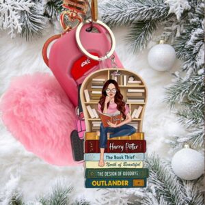 Reading Girl On Bookshelf, Personalized Keychain With Custom Book Titles Reading Girl On Bookshelf, Personalized Keychain With Custom Book Titles