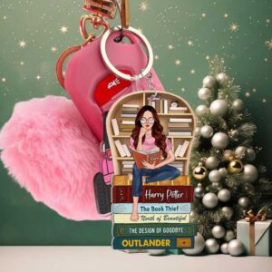 Reading Girl On Bookshelf, Personalized Keychain With Custom Book Titles