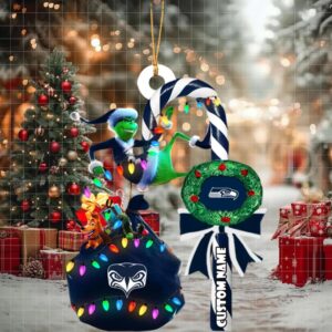 Seattle Seahawks NFL Custom Grinch Candy Cane Name Ornament 2025 Xmas Tree Gift