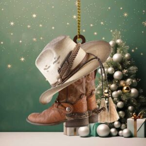 Western Cowboy Boot Hat Ornament – Rustic Acrylic Christmas Tree Décor – Country Style Holiday Gift for Farmhouse, Ranch, Southern Home