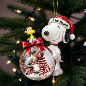 personalized Christmas ornament featuring Snoopy and Woodstock from the Peanuts comic strip
