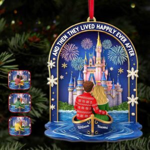personalized Christmas ornament featuring a couple in a boat in front of Cinderella's Castle at Walt Disney World
