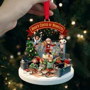 personalized Christmas ornament featuring monkeys in an office setting personalized Christmas ornament featuring monkeys in an office setting